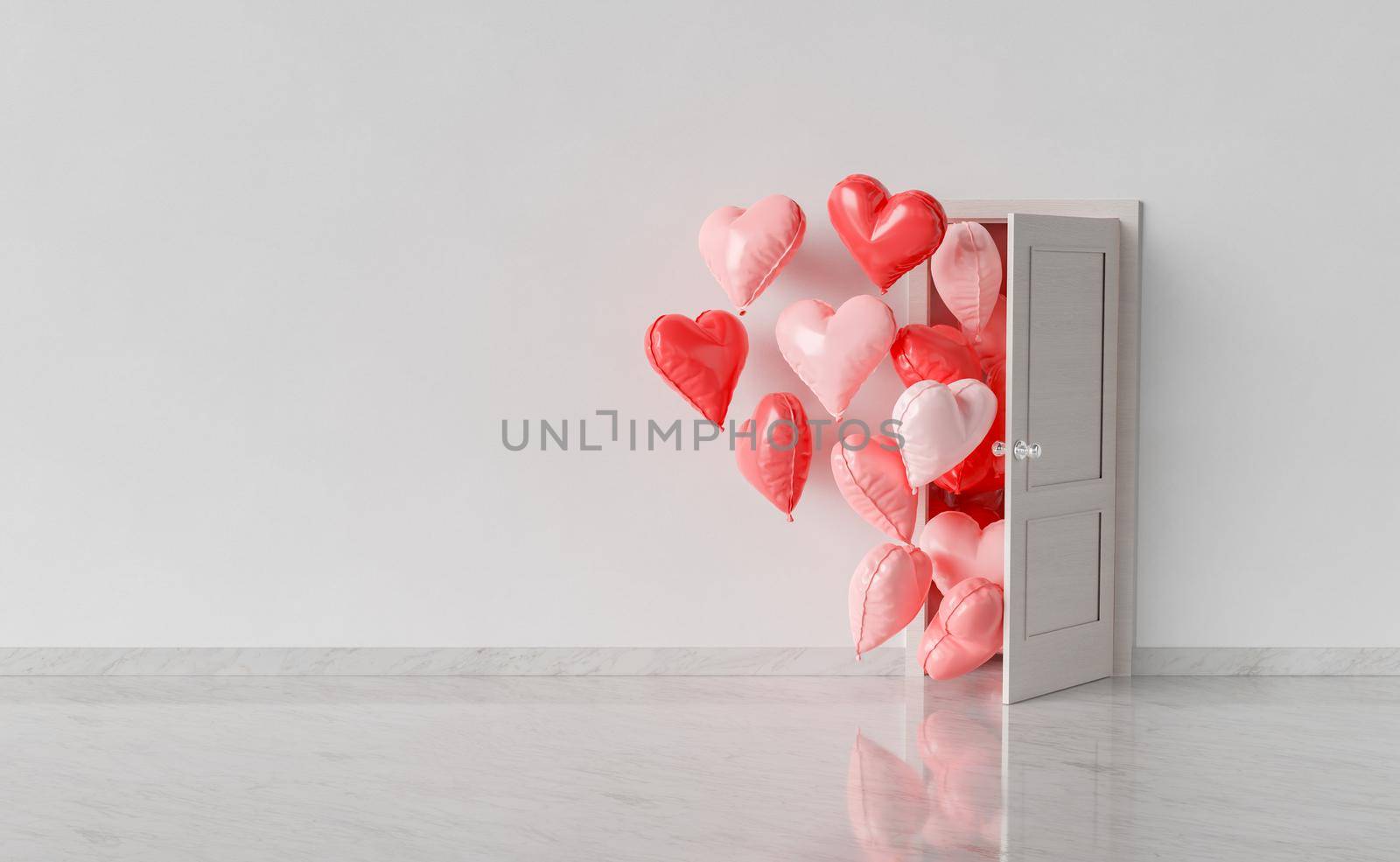 room with open door and heart shaped balloons entering. concept of valentines arrival, gifts, love, marriage and romantic. 3d rendering