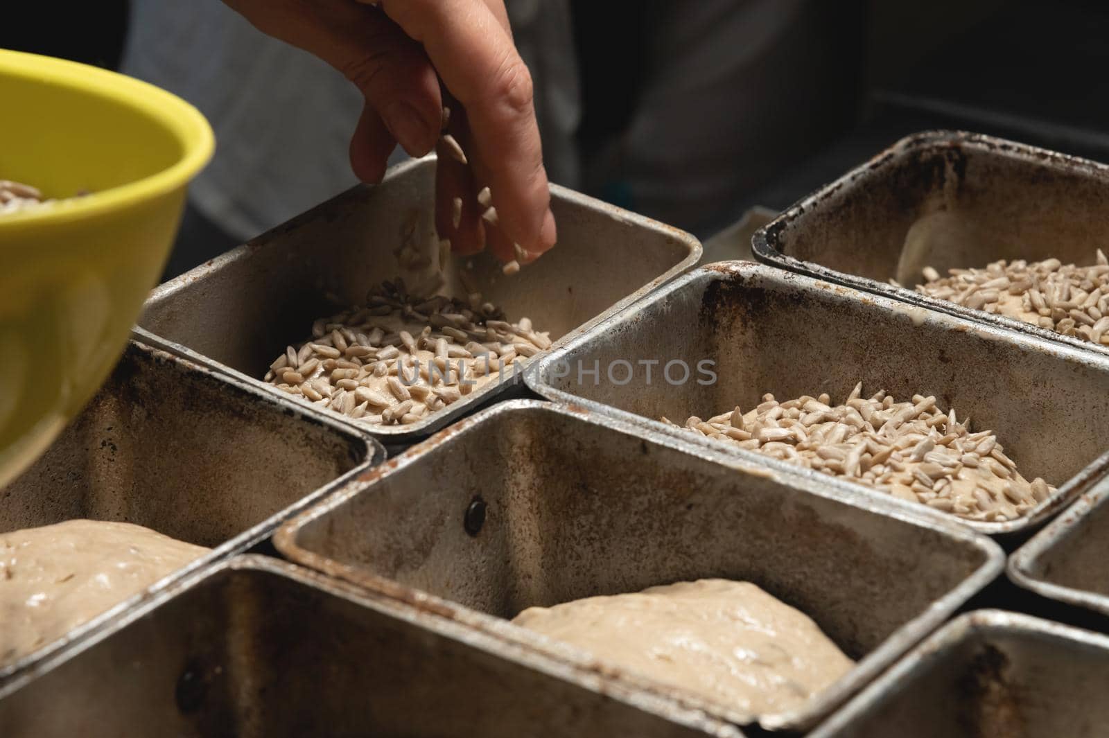 Close-up of female hands sprinkling a piece of raw dough in a baking form with seeds and sunflower. Prepare the dough before baking the bread. Craft bakery.