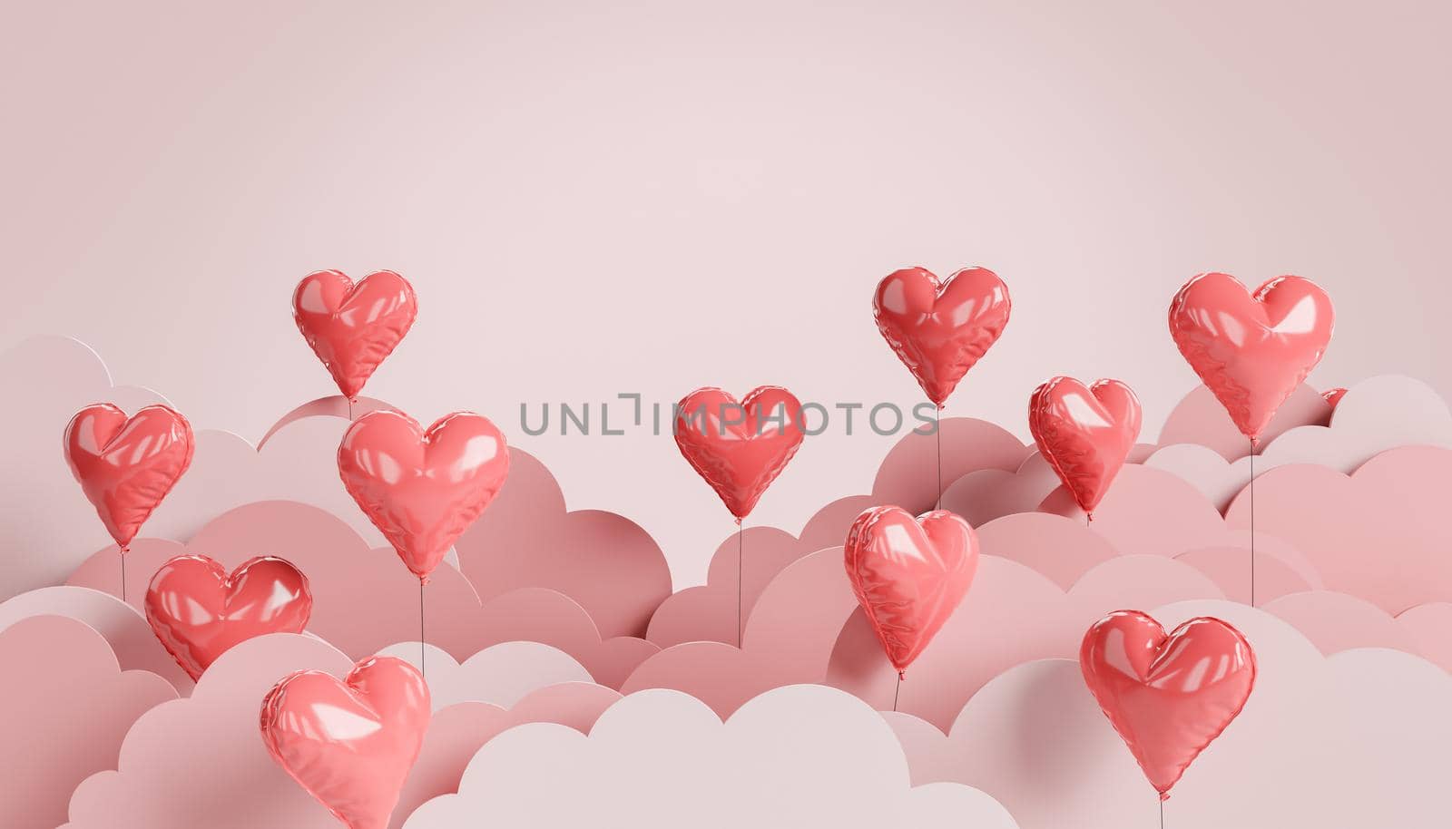 background of heart shaped balloons between flat clouds. valentines day concept, love and romanticism. 3d rendering