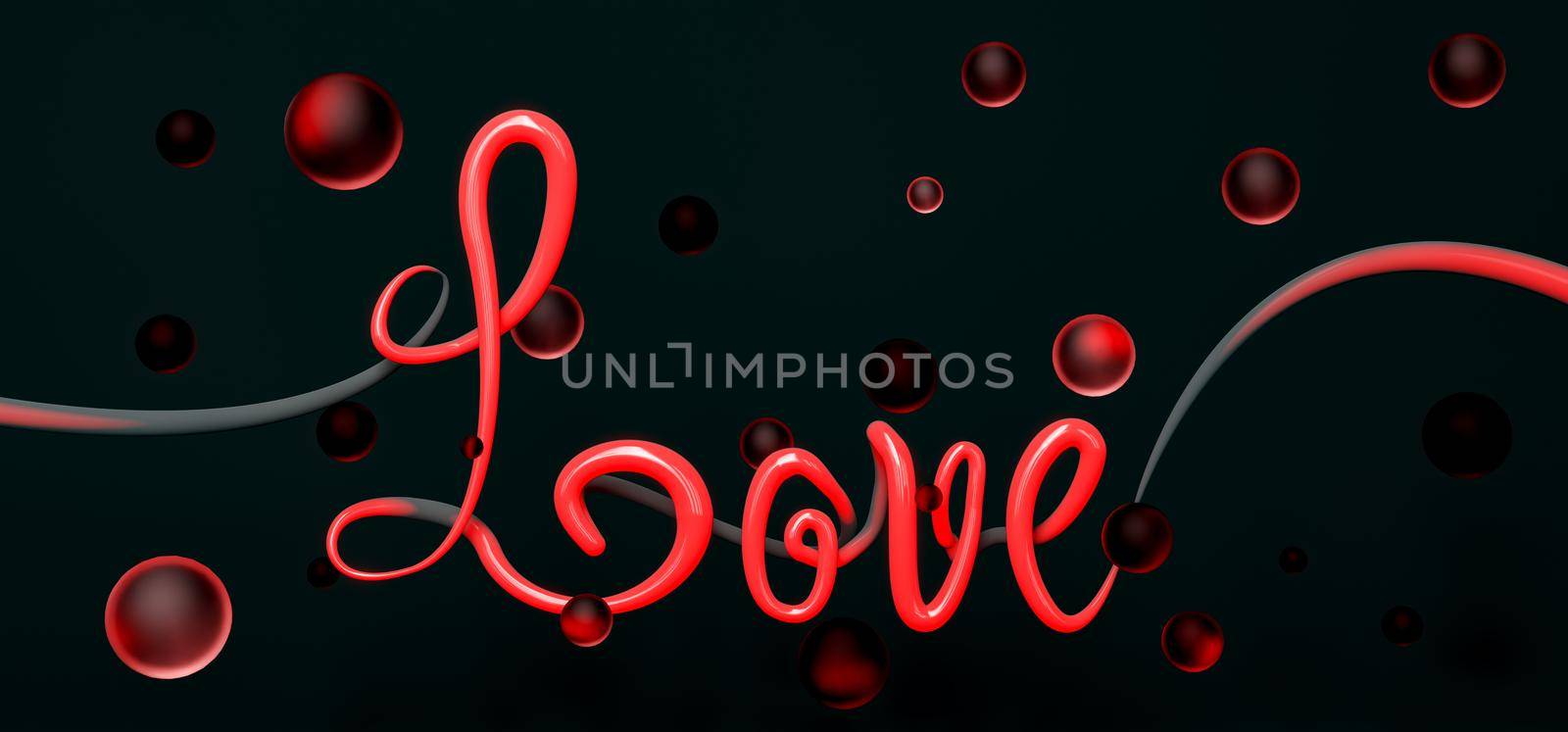 word LOVE with abstract red neon lamp and spheres around by asolano