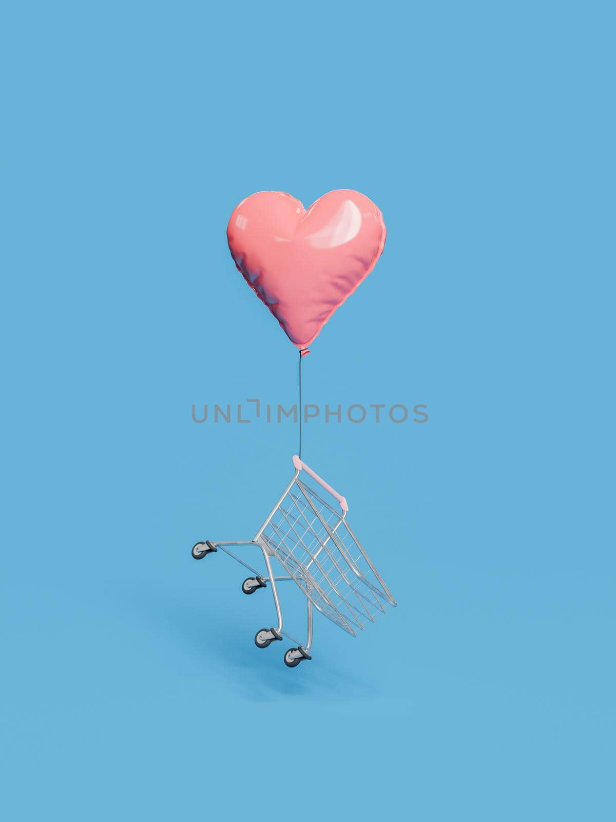 shopping cart flying with a heart shaped balloons tied to it. valentine's day concept, shopping and offers. 3d rendering