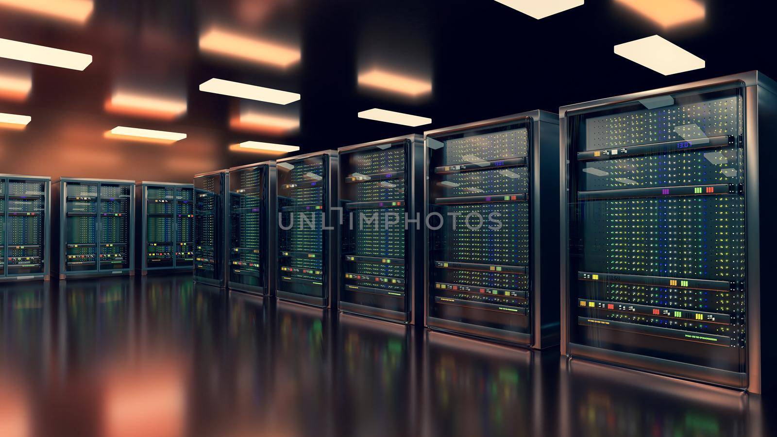 Server. Server room data center. Backup, mining, hosting, mainframe, farm and computer rack with storage information. 3d render by kwarkot