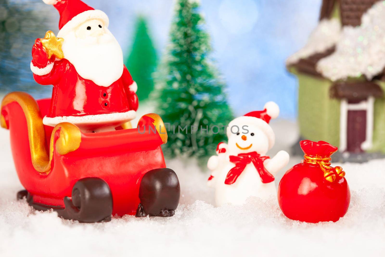 merry christmas greeting card, santa claus and sleigh in the snow, toys.