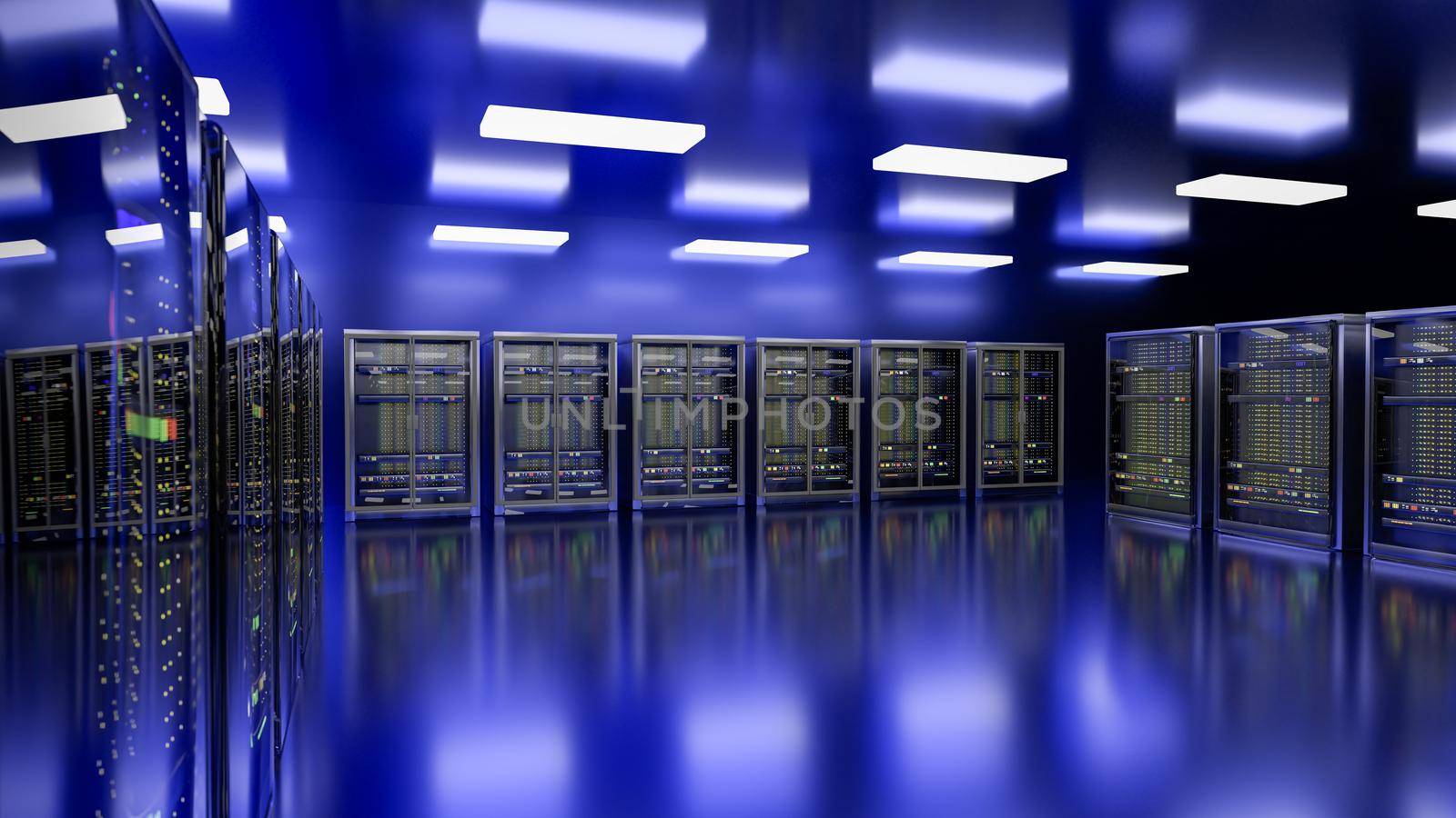 Servers. Server racks in server room cloud data center. Datacenter hardware cluster. Backup, hosting, mainframe, mining, farm and computer rack with storage information. 3D rendering. 3D illustration