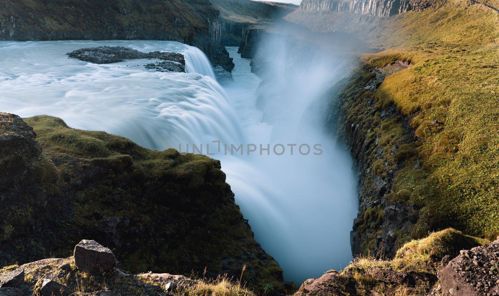 Spectacular Gullfoss Golden falls waterfall long exposure down to the deep canyon