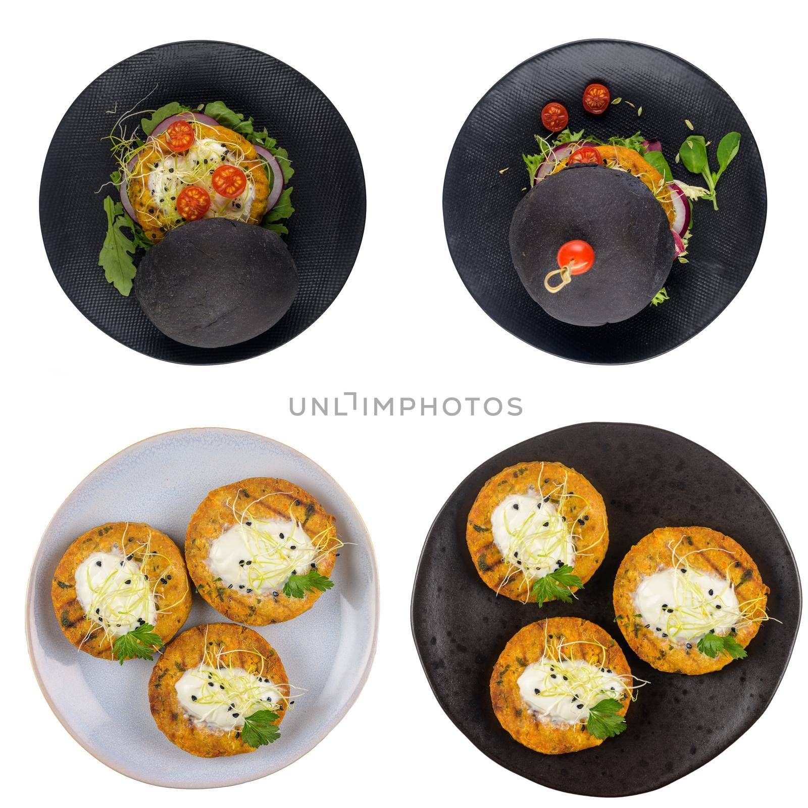 Grilled veggie burgers with chickpeas and vegetables and parsley leaves on ceramic plate isolated on white background.