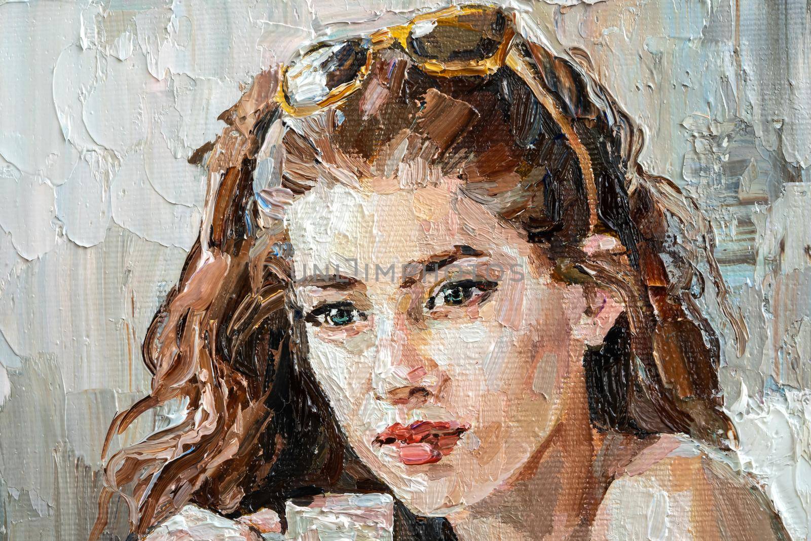 .The girl in the cafe drinks coffee. Woman with glasses on her head. Oil painting on canvas.