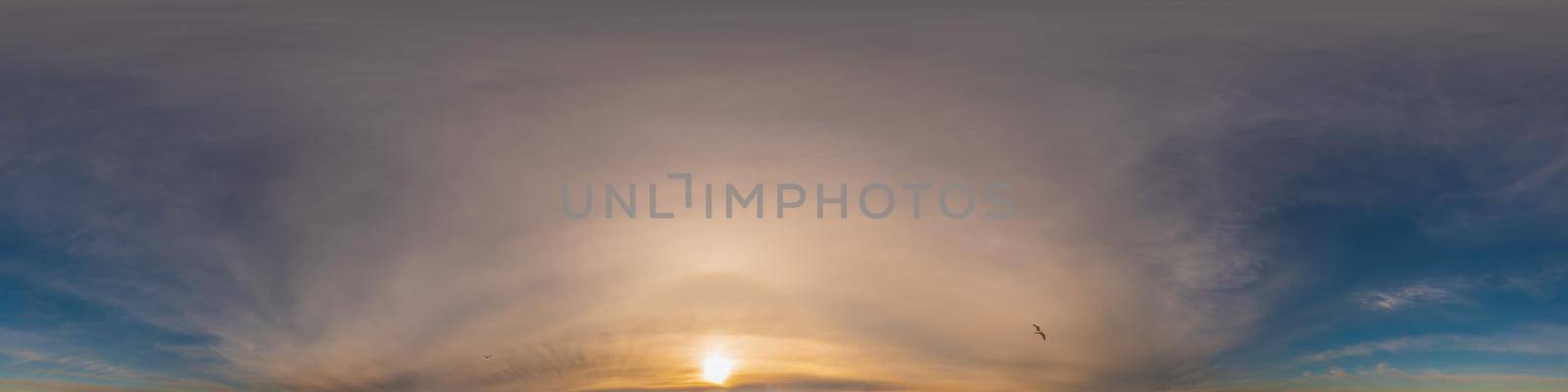 Overcast sky panorama on sunset with Cumulus clouds in Seamless spherical equirectangular format as full zenith for use in 3D graphics, game and aerial drone 360 degree panoramas for sky replacement