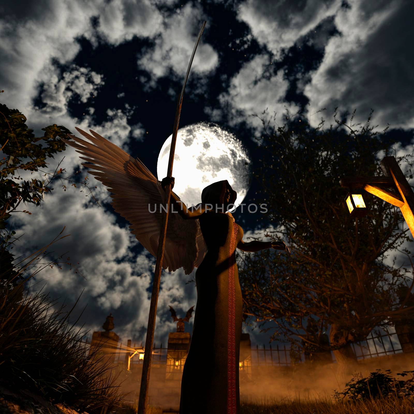 Angel of death in a spooky cemetery at night by ankarb