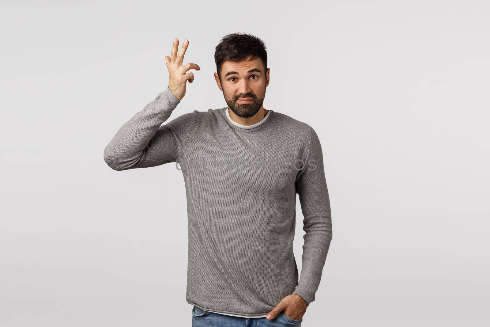 Unsatisfied, expressive and pissed male entrepreneur hear dissatisfying strange proposal, pointing head asking think before acting, smirk displeased, listen lame excuses, white background by Benzoix