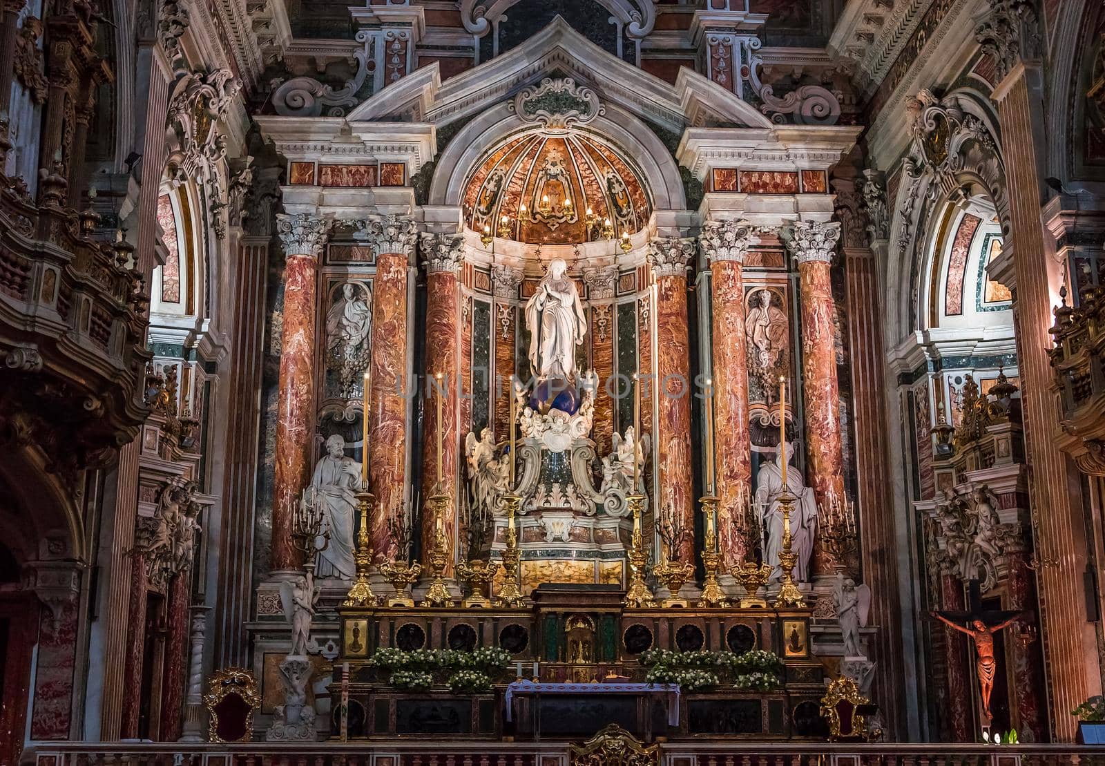 NAPLES, ITALY – MAY 15, 2014: Interiors and details of barroco church of the Gesu Nuovo, built year 1601, May 15, 2014,  in  Naples, Italy.