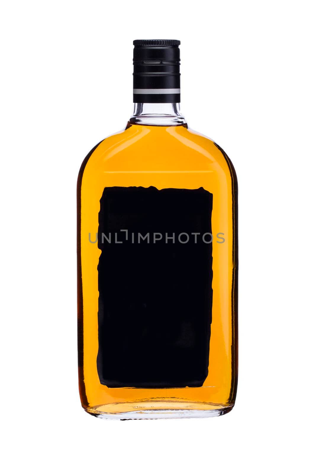 Glass bottle with yellow liquid black label on a white background