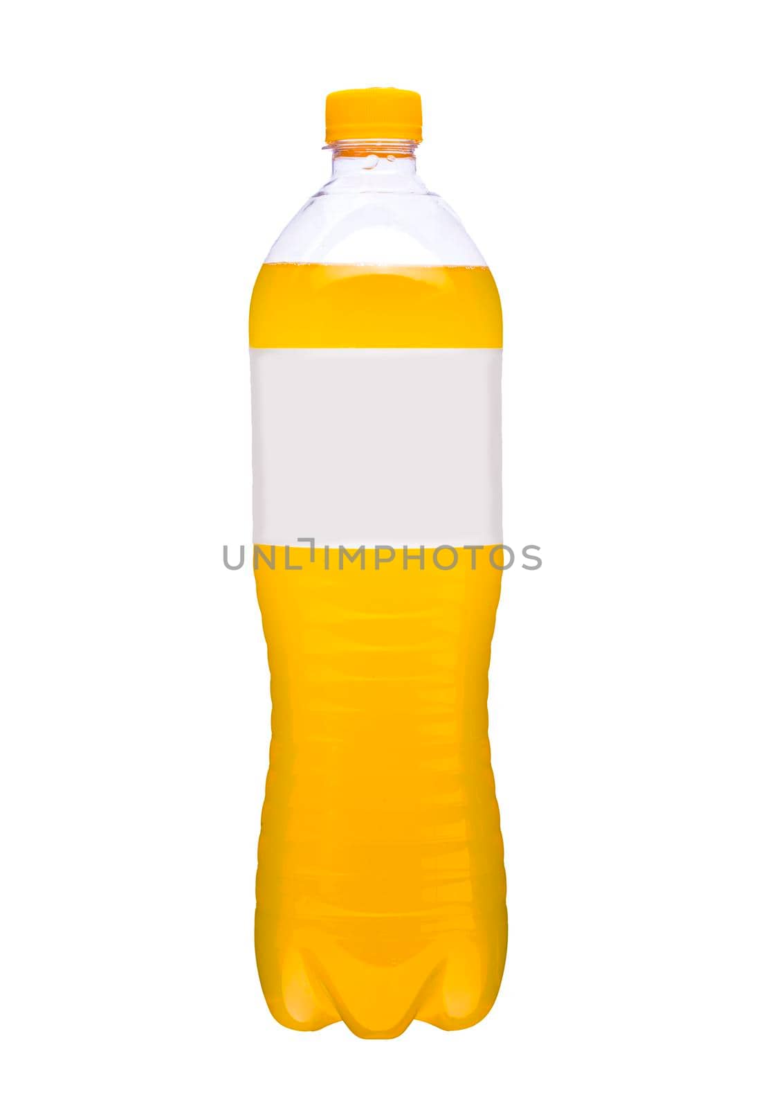 Plastic bottle with yellow liquid with white label