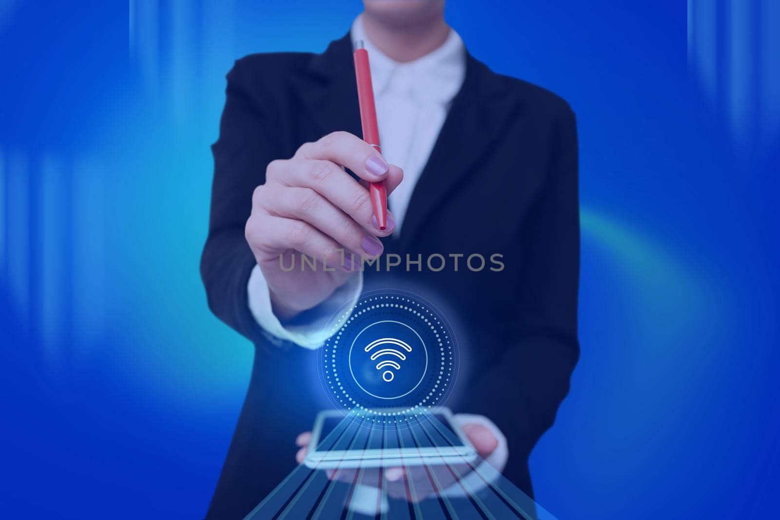 Lady Pressing Screen Of Mobile Phone Showing The Futuristic Technology. Palm Tapping Cell Phone Inside Room Presenting Modern Automation. by nialowwa