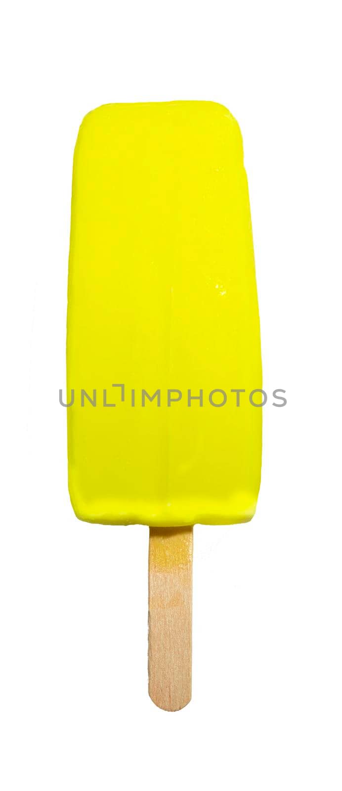 Yellow ice cream on a stick on a white background. Lemon Sweet Dessert