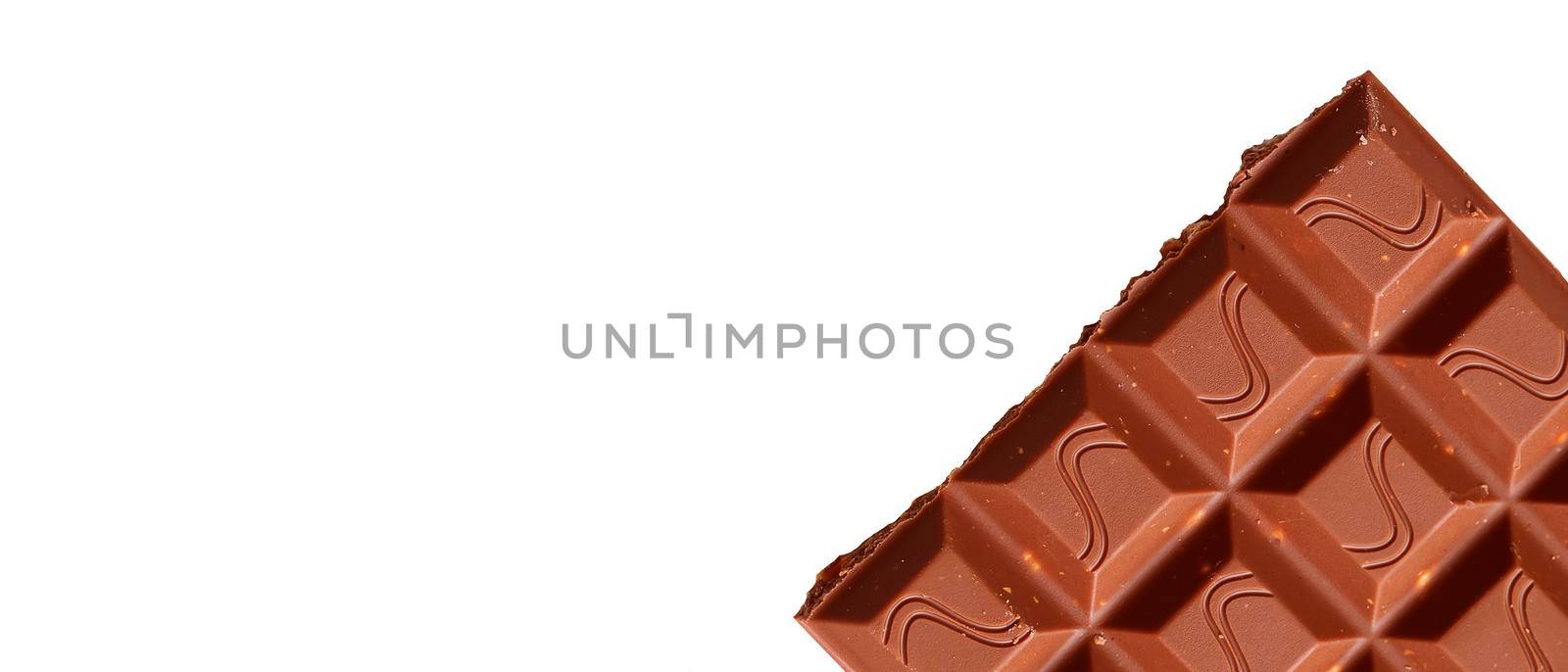 Banner of a piece of chocolate on a white background by Sviatlana