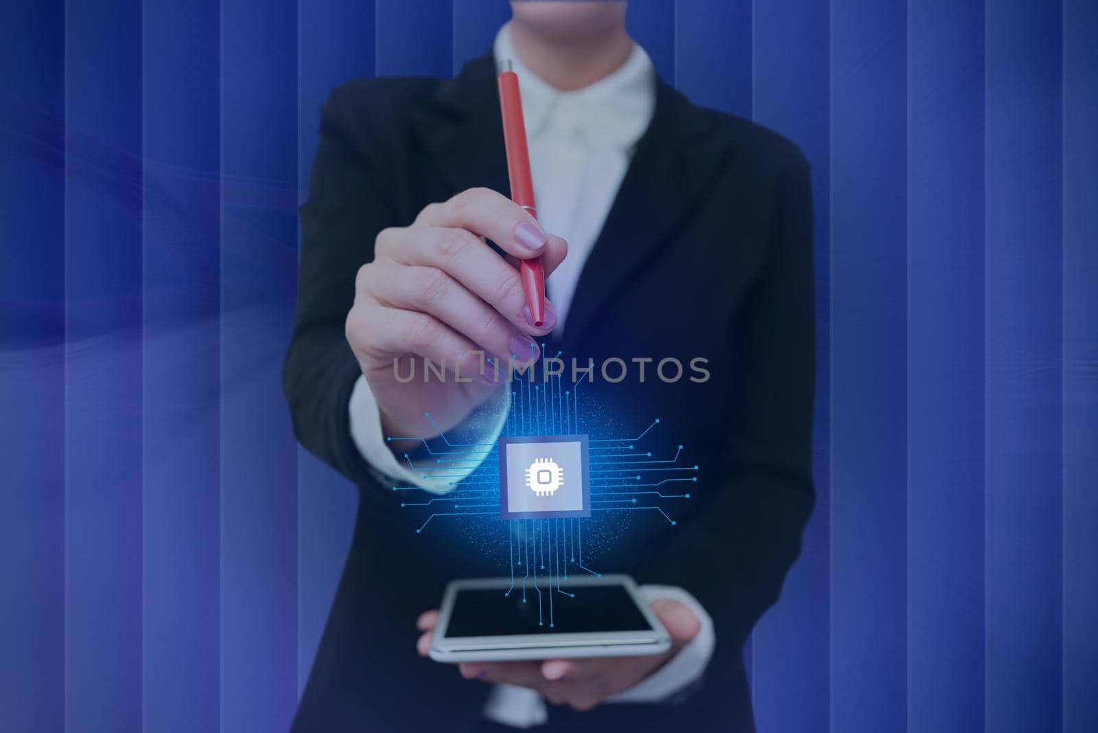 Lady Pressing Screen Of Mobile Phone Showing The Futuristic Technology. Palm Tapping Cell Phone Inside Room Presenting Modern Automation. by nialowwa