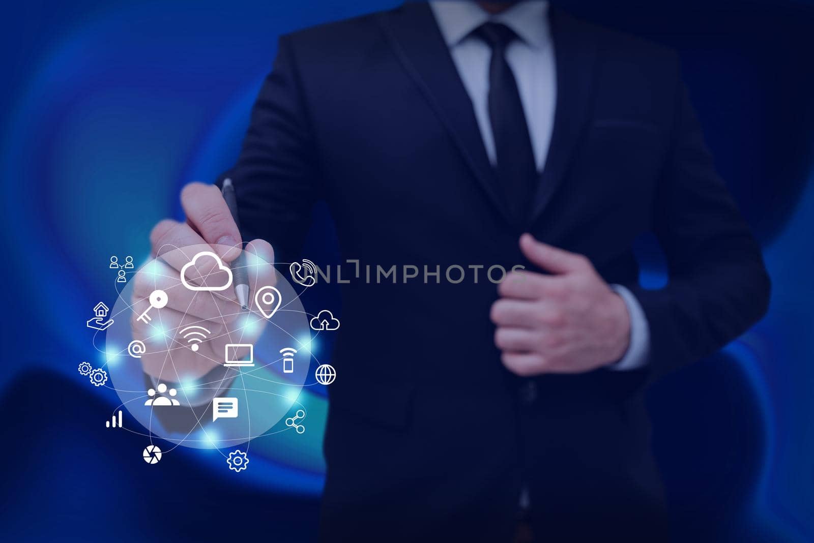 Man holding Screen Of Mobile Phone Showing The Futuristic Technology. Businessman Presenting Cell Phone Inside Room Presenting Modern Automation. by nialowwa