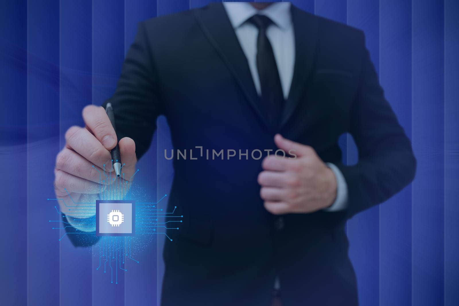 Man holding Screen Of Mobile Phone Showing The Futuristic Technology. Businessman Presenting Cell Phone Inside Room Presenting Modern Automation. by nialowwa