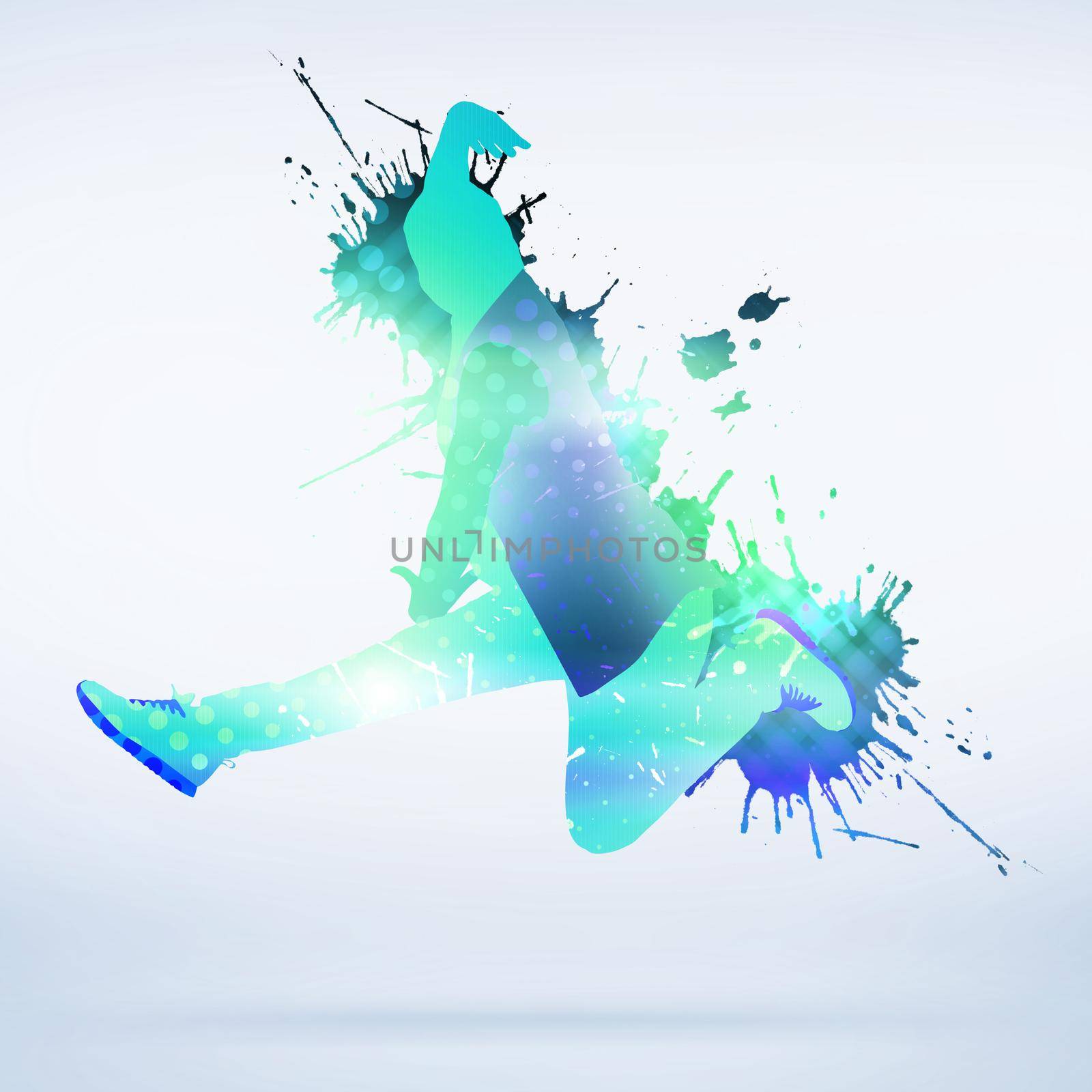 Colorful silhouette of dancer in jump on white background