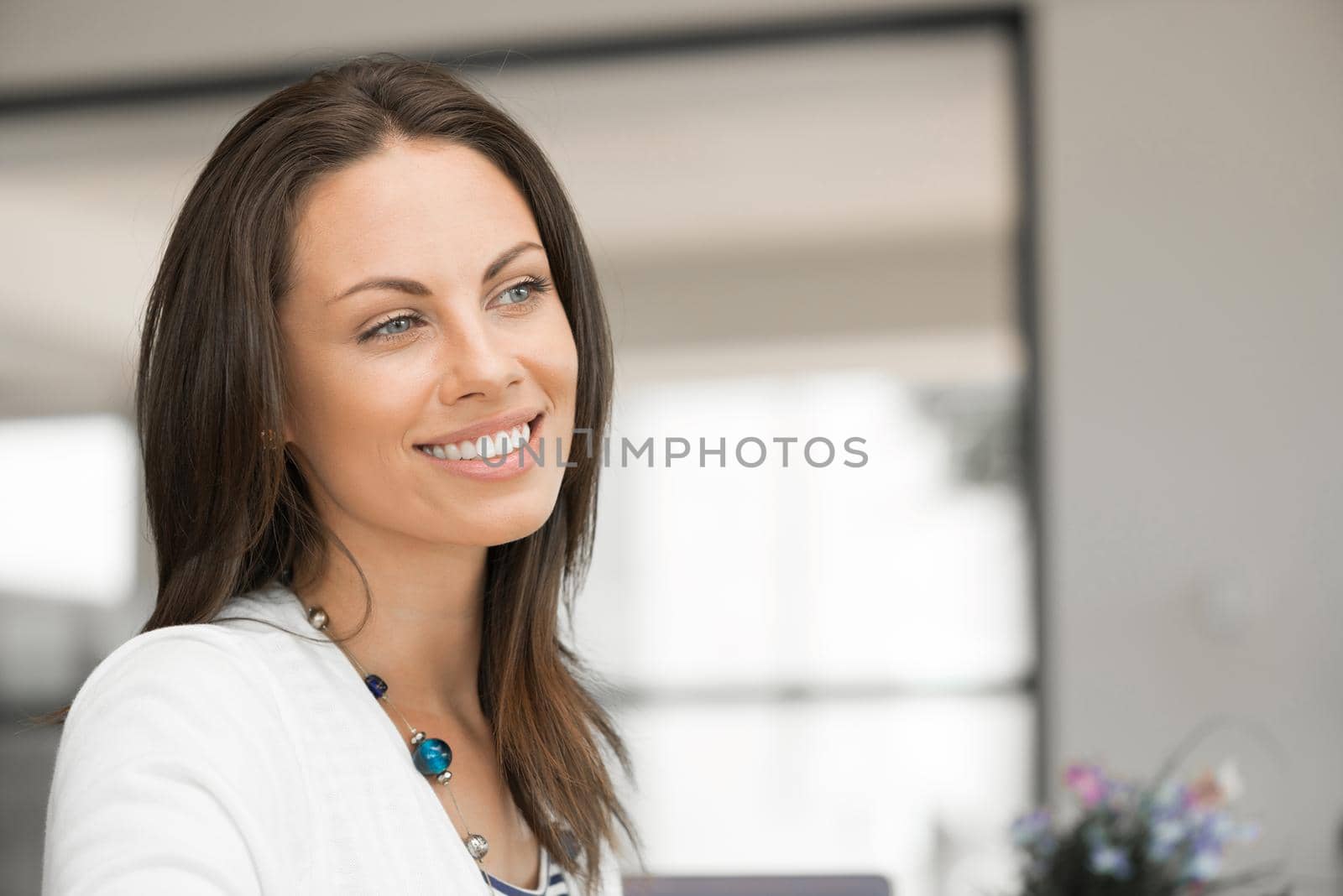 Portrait of pretty brunette woman at desk in office
