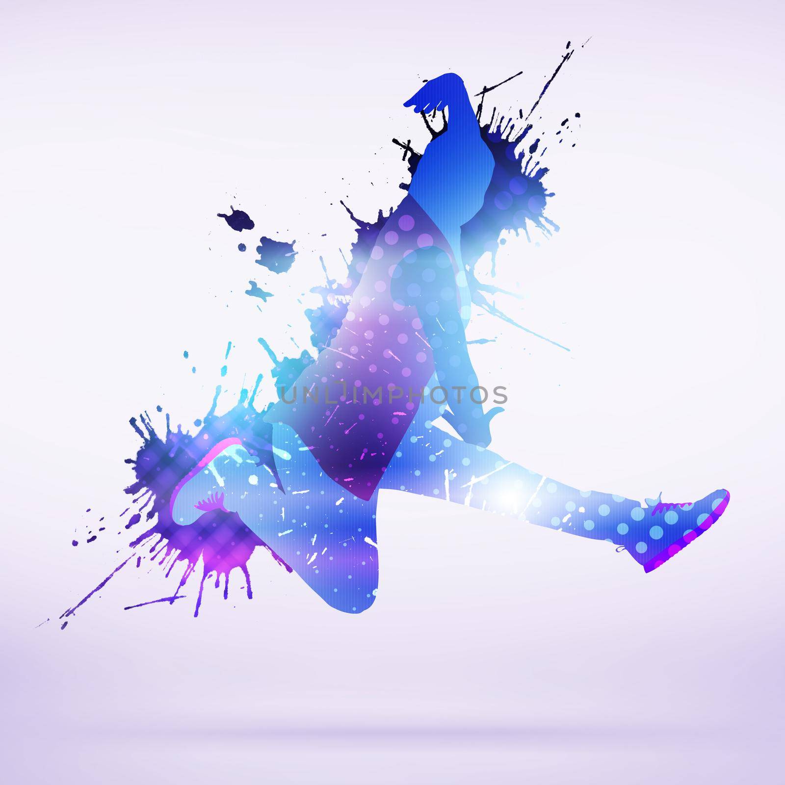 Colorful silhouette of dancer in jump on white background