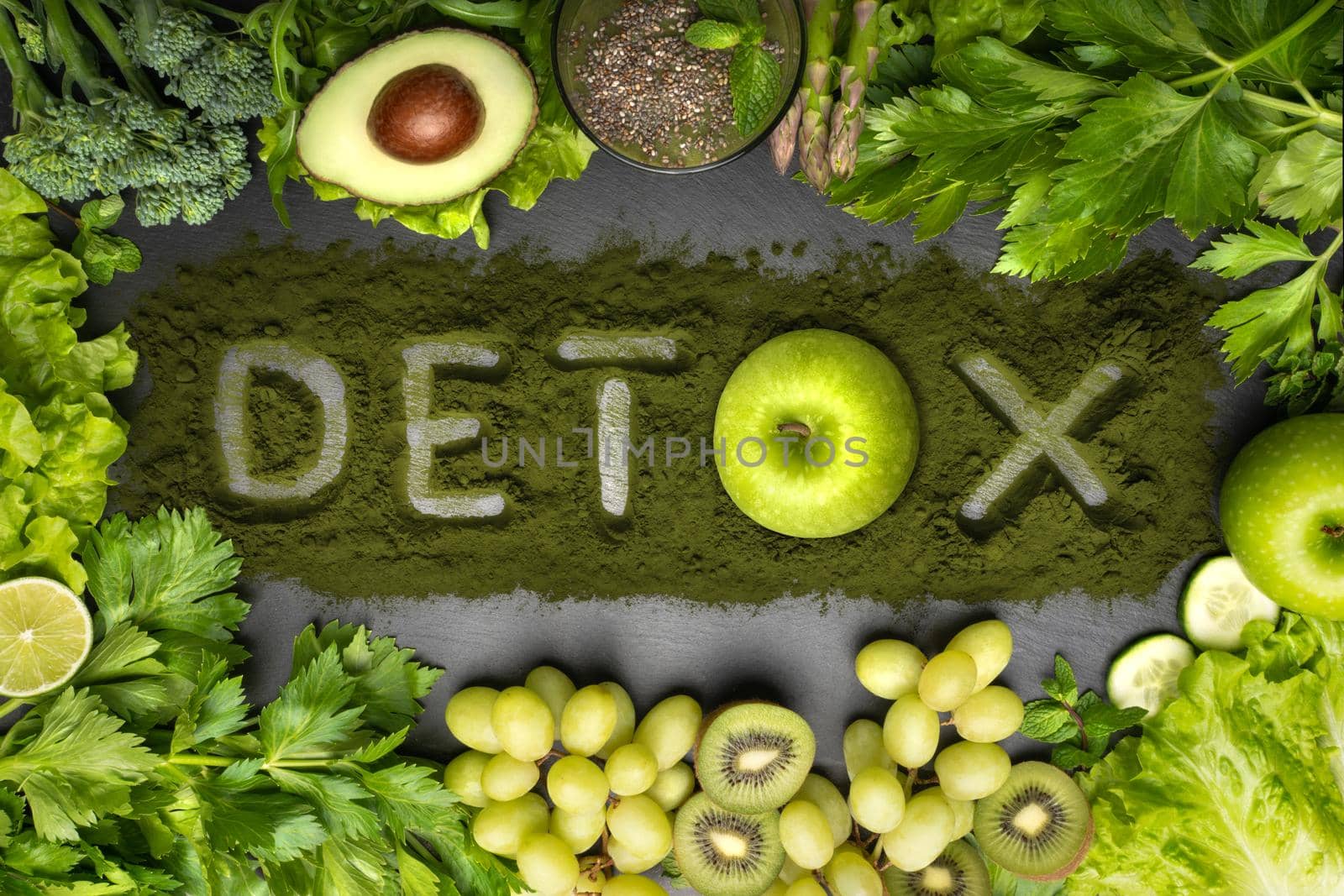 Detox diet, clean and healthy eating. Top view of fresh vegetables, fruits and chlorella with detox text by DariaKulkova