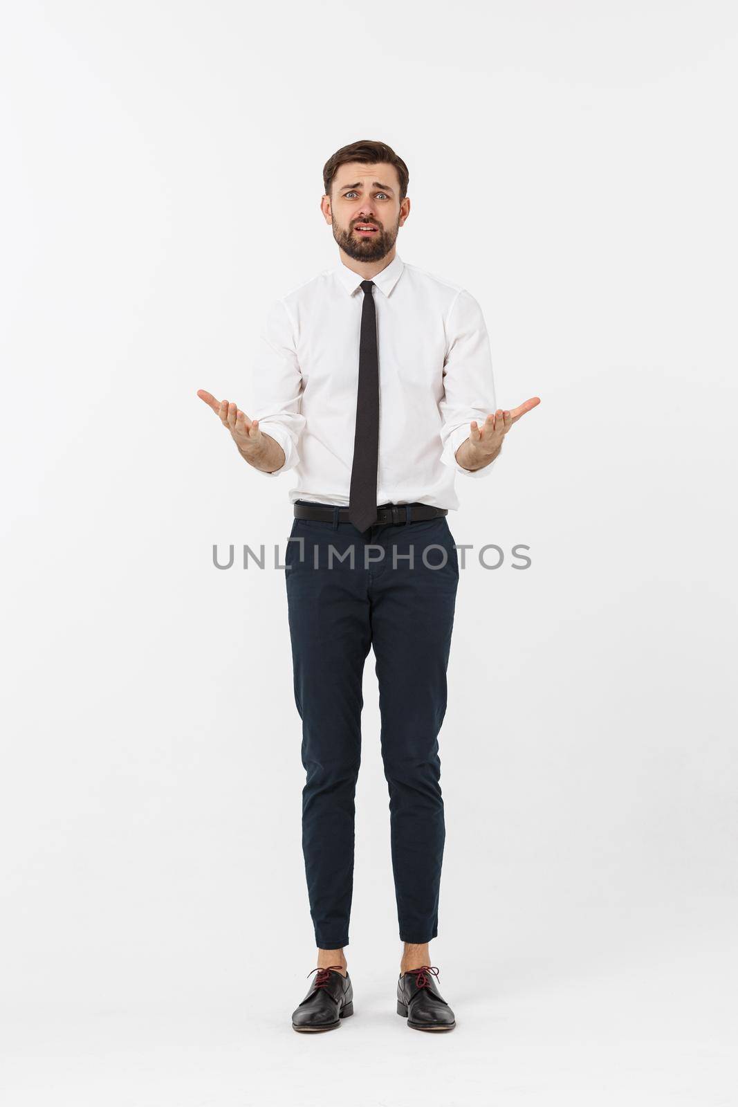 Full length Portrait angry business man feeling bad over white background.