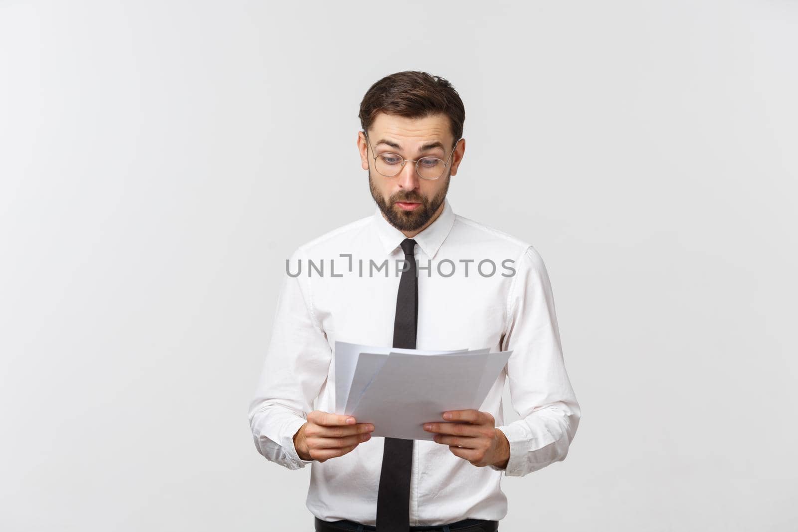 young business man serious writing on clipboard, Handsome businessman wear elegant suit and tie isolated over white background