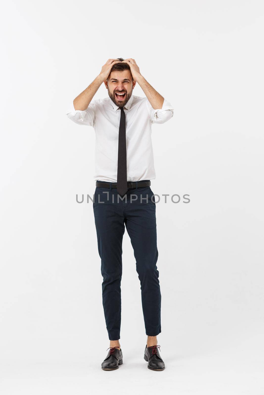 Full length Portrait angry business man feeling bad over white background by Benzoix