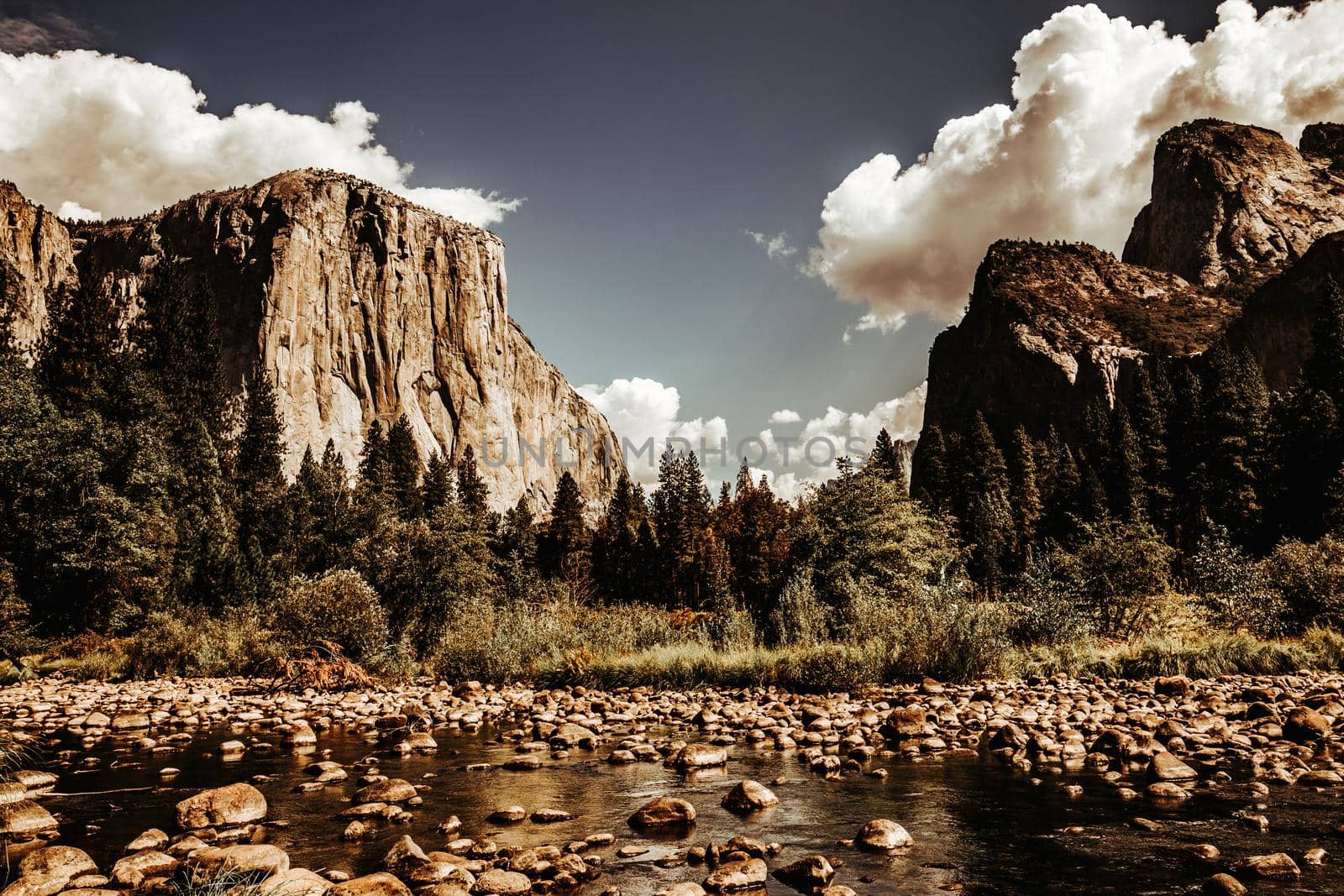 World famous rock climbing wall of El Capitan, Yosemite national park, California, usa