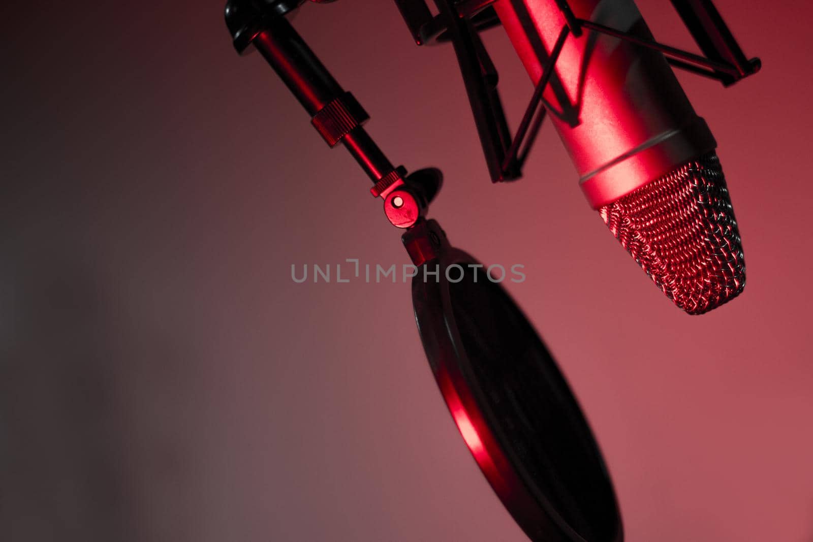 Professional microphone suspended in the air of professional studio