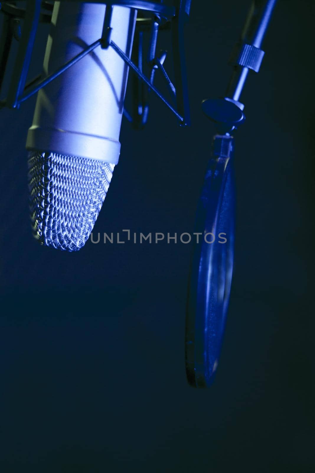 Professional microphone suspended in the air of professional studio