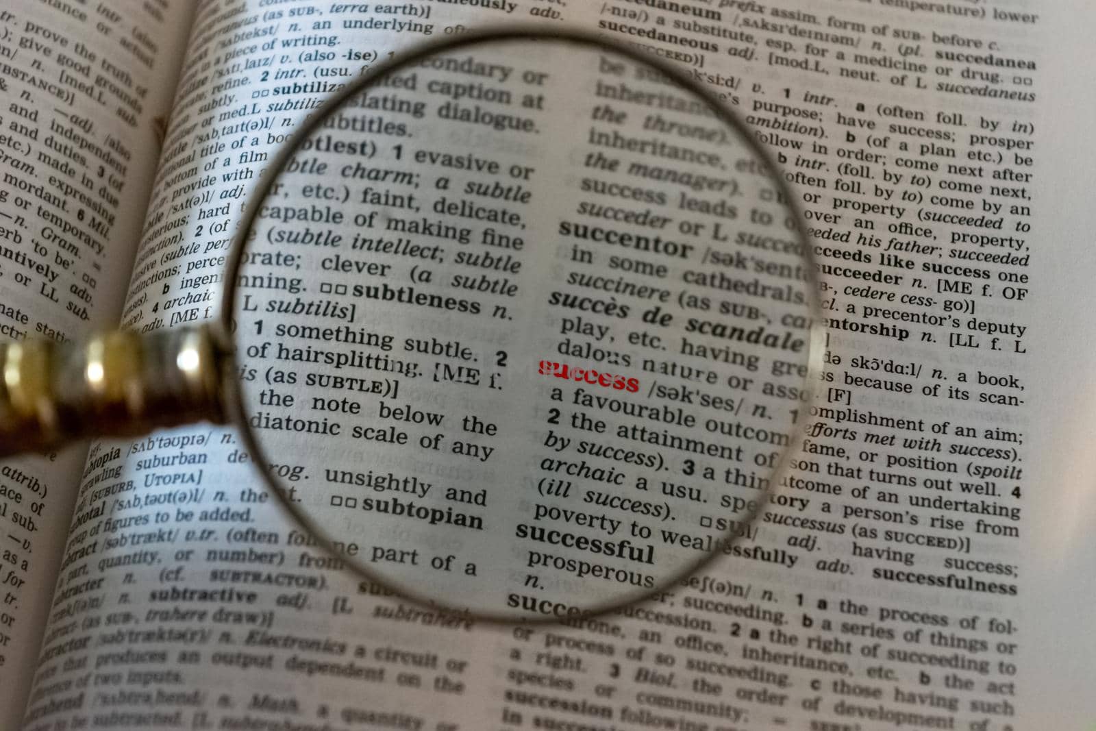 Conceptual image. Magnifying glass frames the word success in a dictionary. by silentstock639