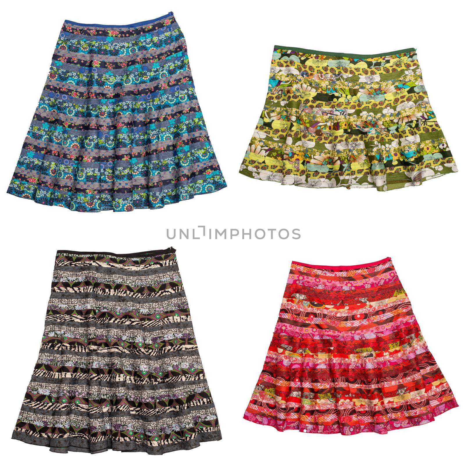 Colorful indian style patchwork skirts isolated on white background.