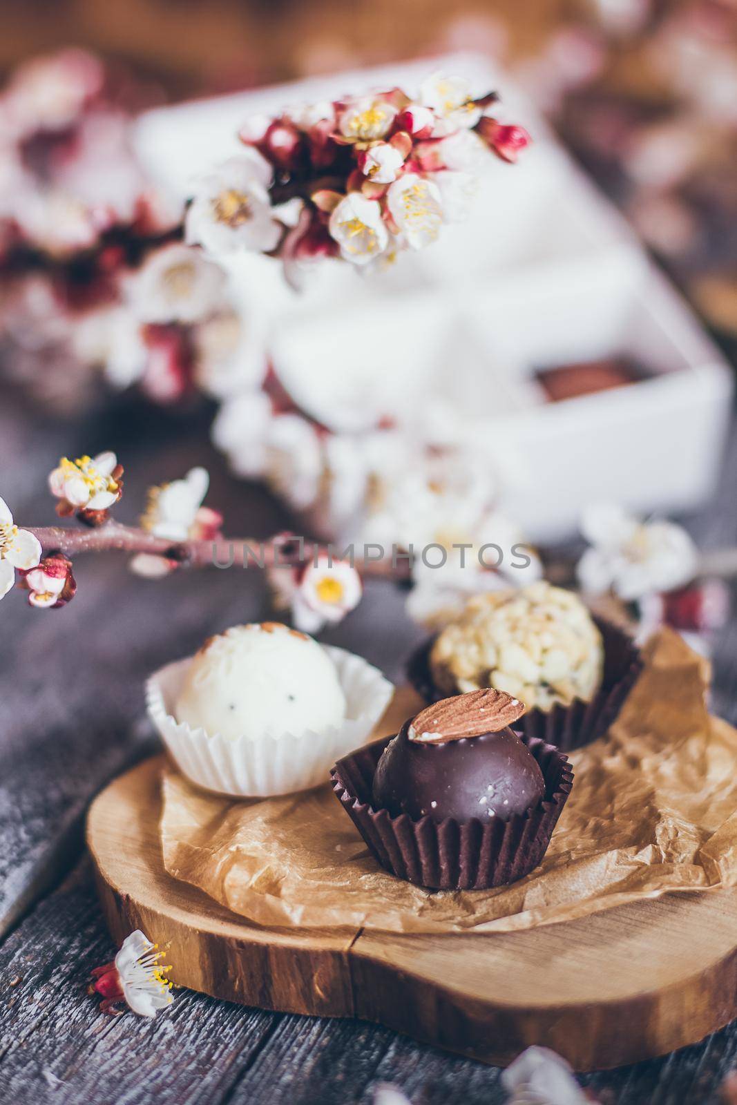 Spring collection of handmade chocolate bonbons candies and cherry flowers decoration on rustic wooden background.