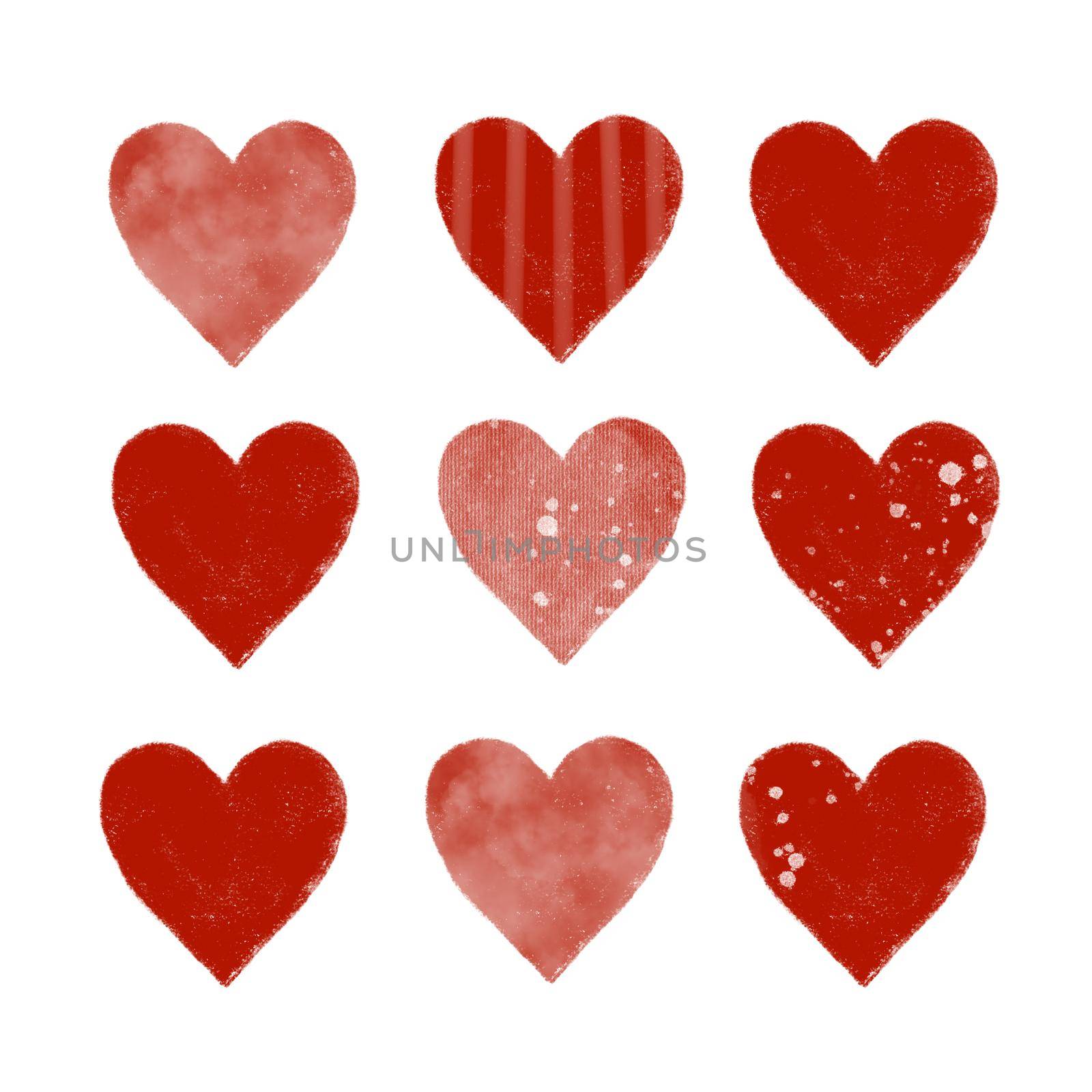 Hand drawn red hearts illustration isolated on white background. Bright pattern for Saint Valentine's day. Watercolor ornament. Cute cartoon drawing. Love, tenderness, care and friendship concept