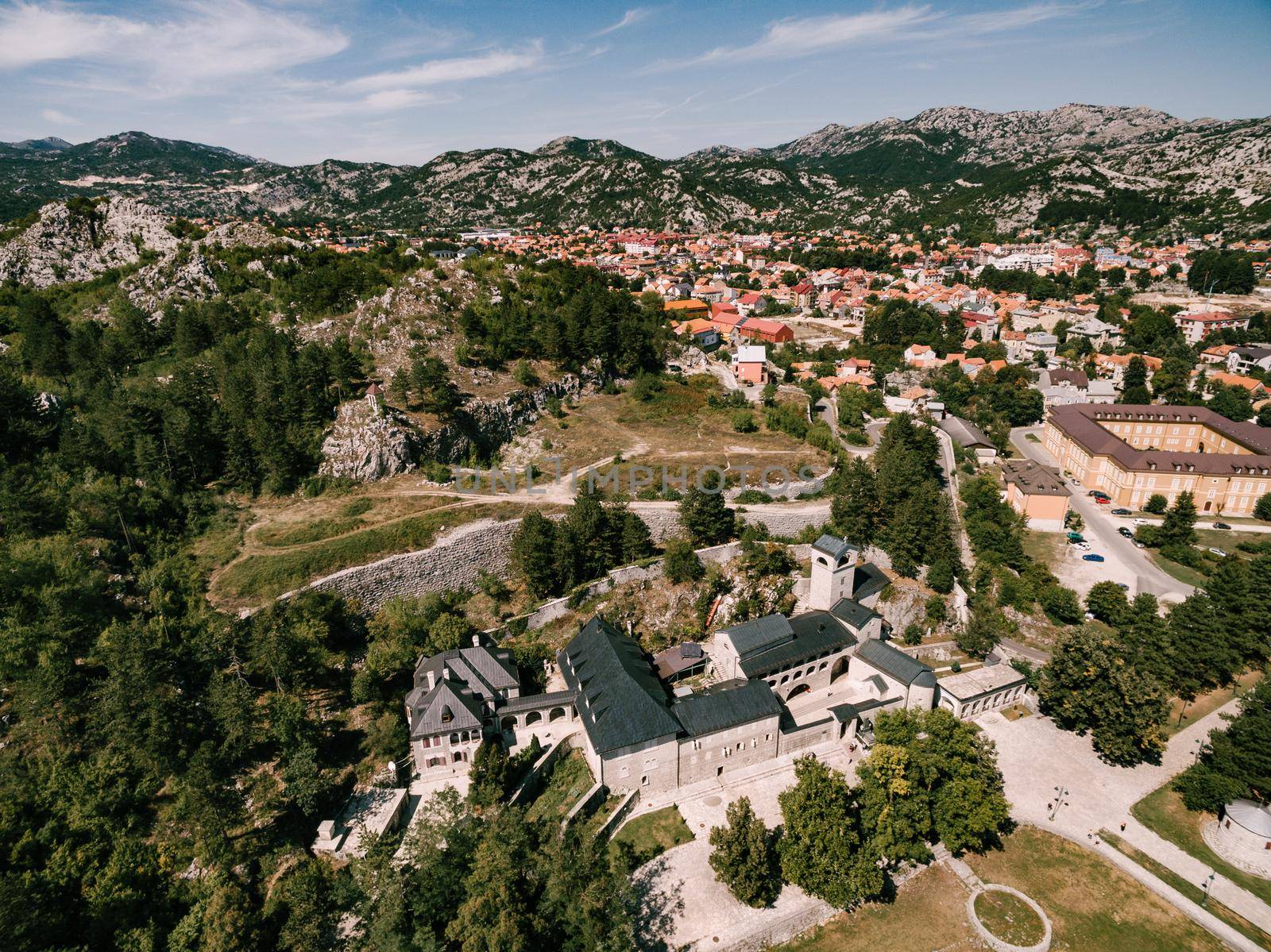 View from a drone to the roof of the monastery in Cetinje. Montenegro. High quality photo