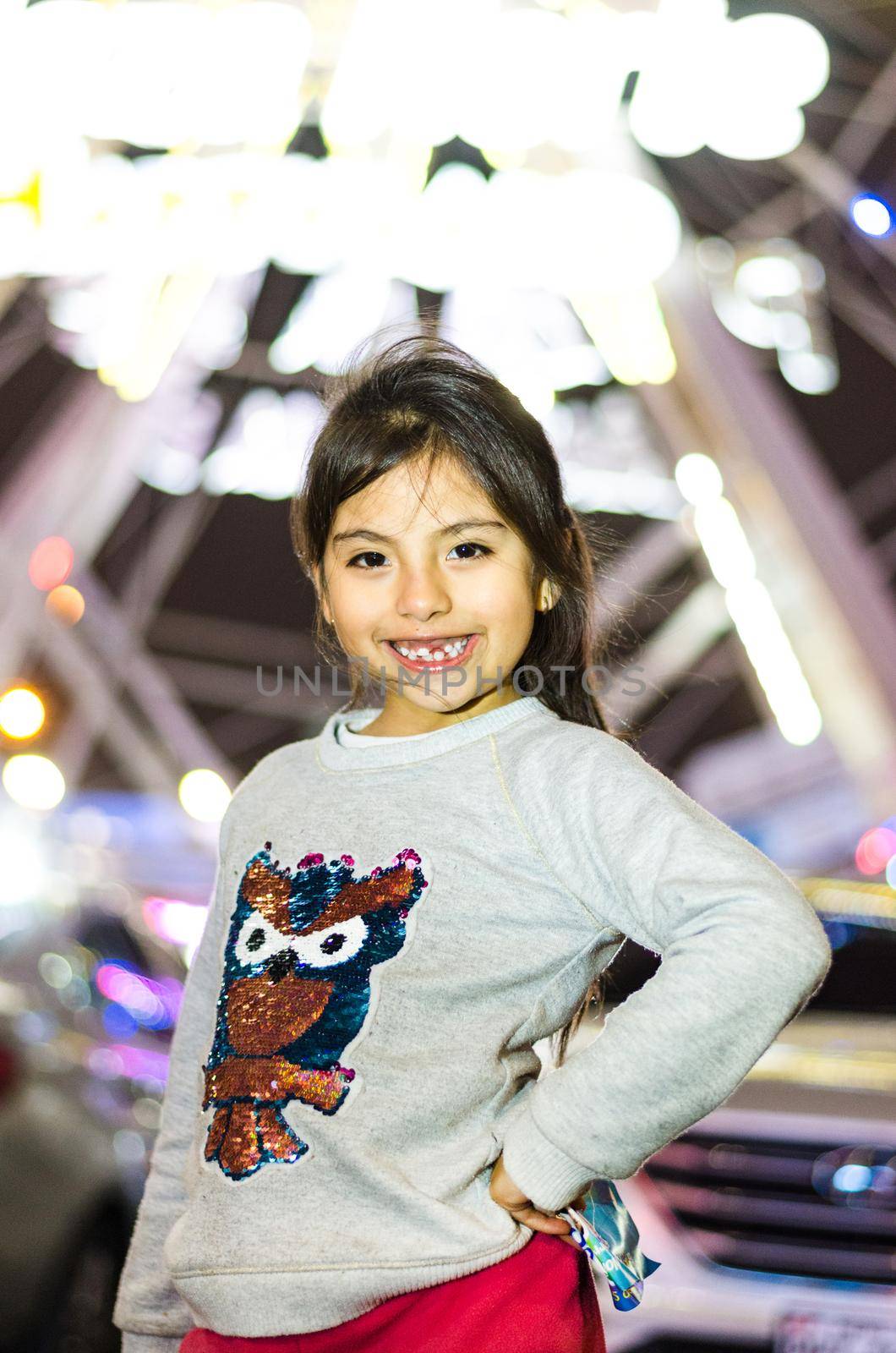 Beautiful happy girl with the background of an amusement park. by Peruphotoart
