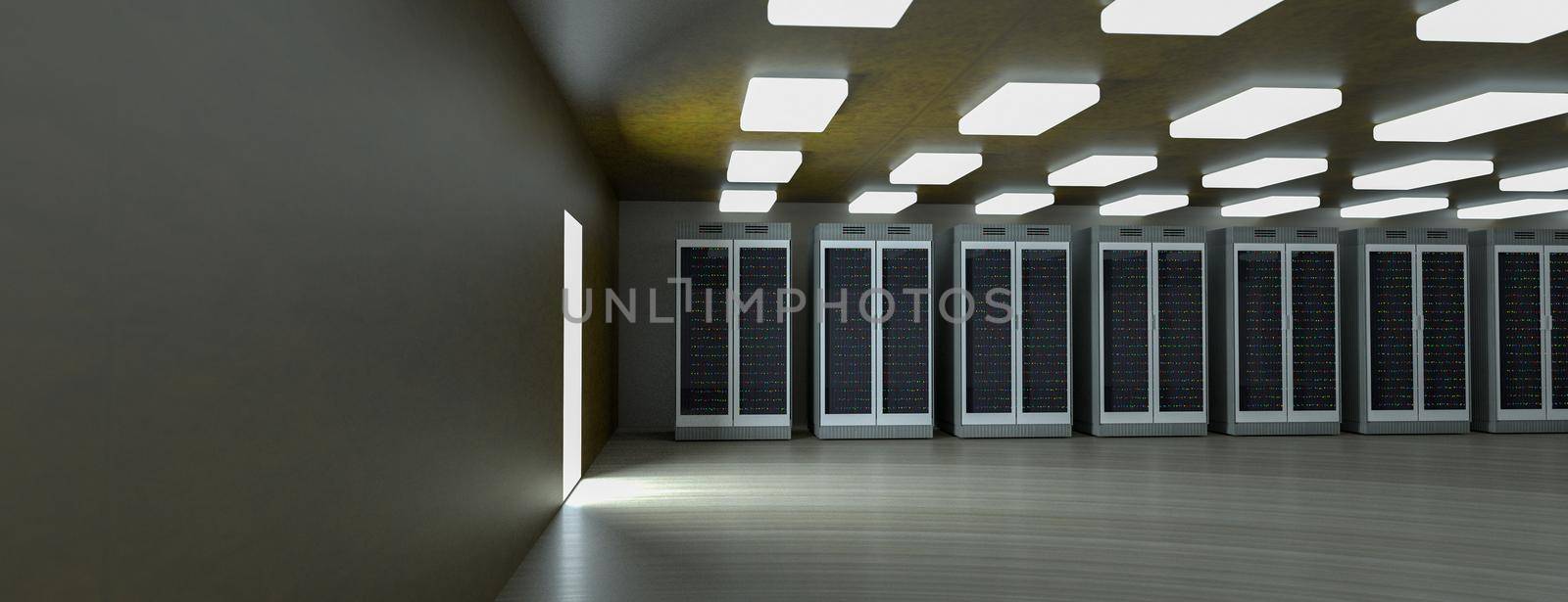 Servers. Servers room data center. Backup, mining, hosting, mainframe, farm and computer rack with storage information. 3d render by kwarkot