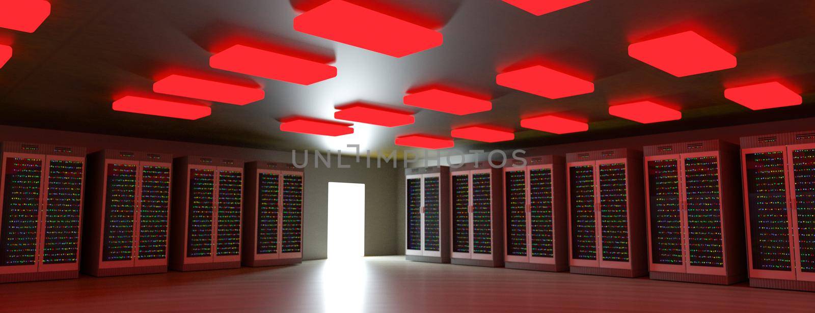 Server. Server racks in server room cloud data center. Datacenter hardware cluster. Backup, hosting, mainframe, mining, farm and computer rack with storage information. 3D rendering. 3D illustration