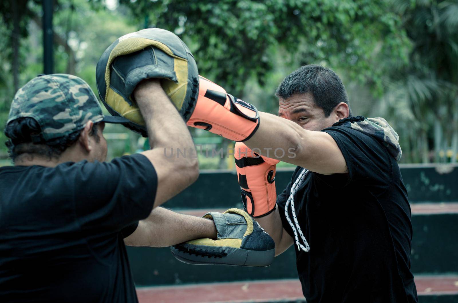 boxing outdoor workout with trainer, punching exercises with personal coach