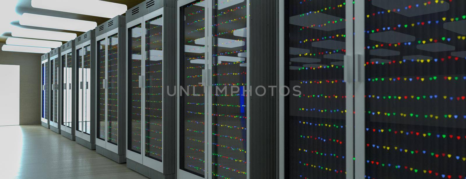 Servers. Servers room data center. Backup, mining, hosting, mainframe, farm and computer rack with storage information. 3d render by kwarkot