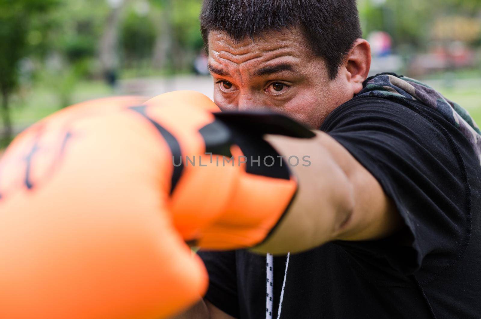 Professional boxer looking at the camera and throwing a punch