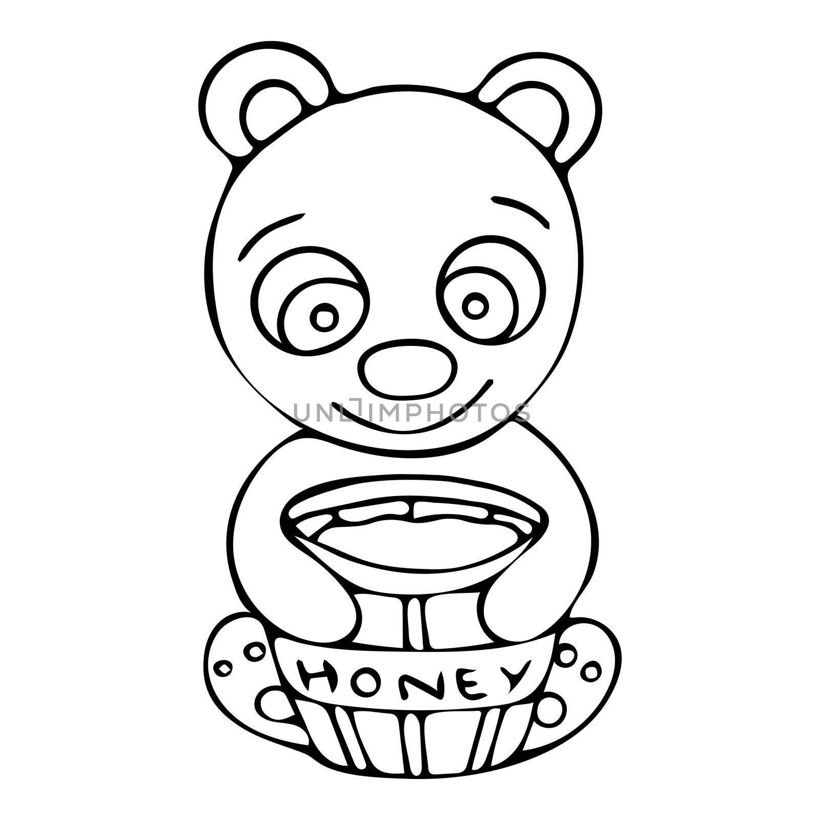 Black And White Bear With Honey Doodle Sketch. Hand-Drawn Isolated Illustration On White Background. Illustration For Kid Coloring Book, Coloring Page, Design, T-Shirt And Print.
