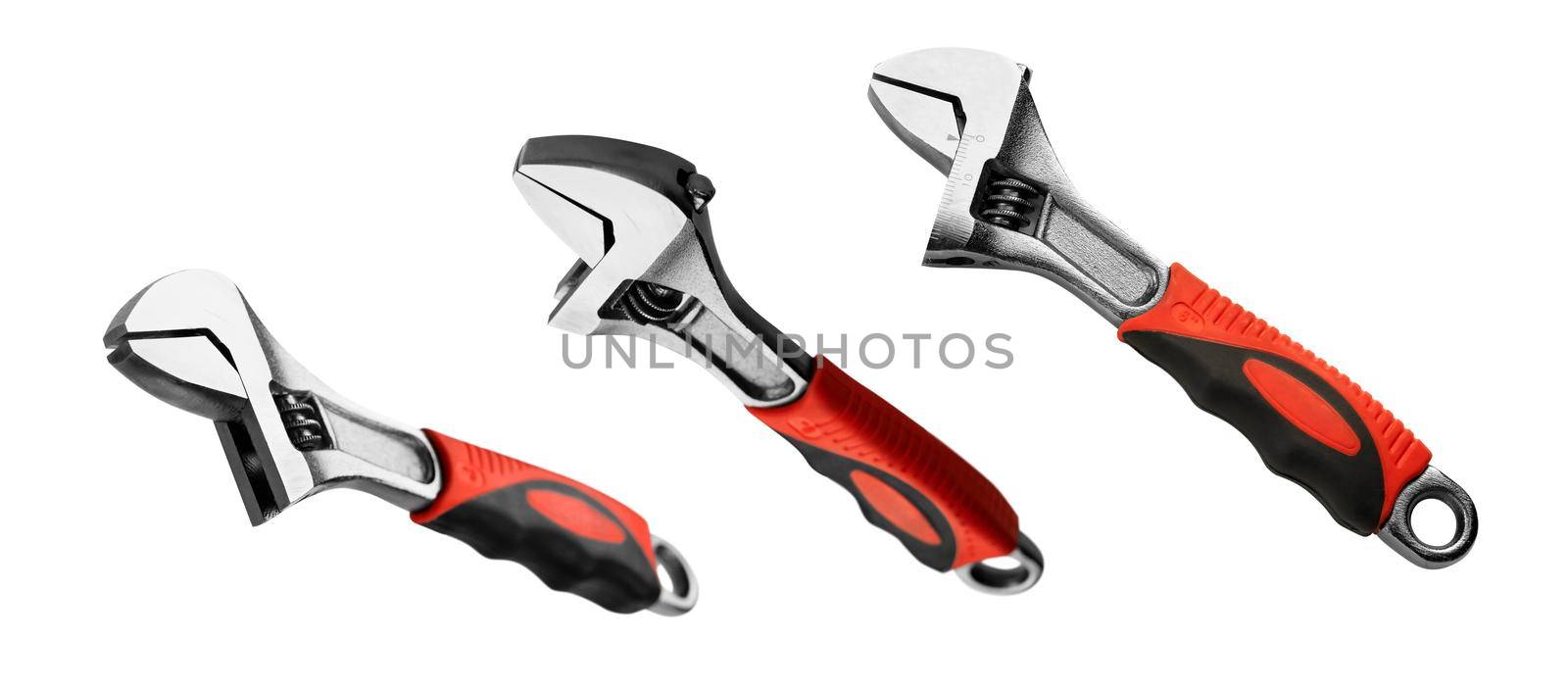 Adjustable wrench in different angles on a white background by butenkow