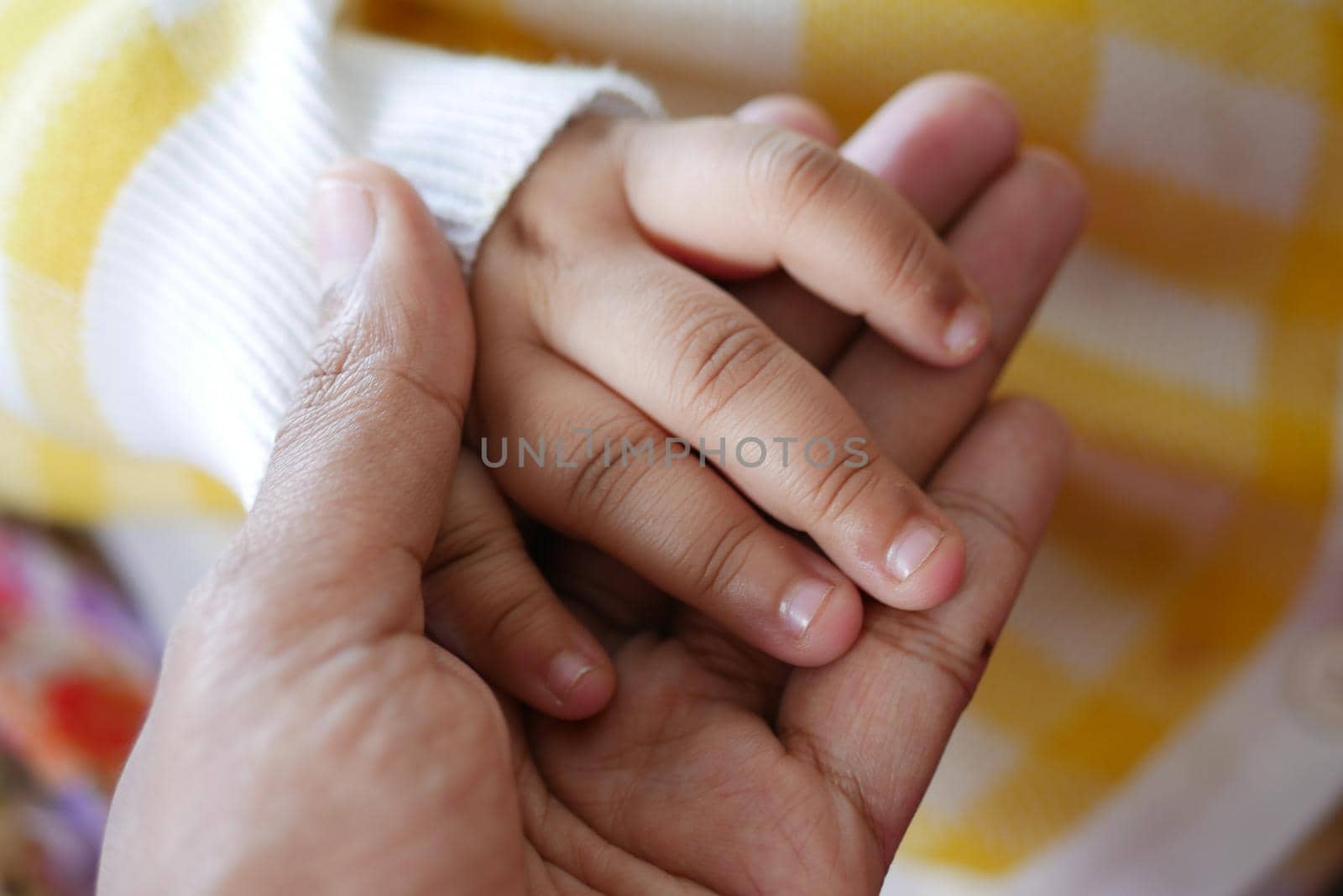 father holding hand of baby child, close up