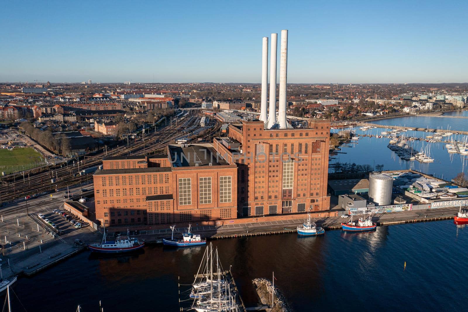 Copenhagen, Denmark - January 07, 2022: Aerial drone View of Svanemolle Power Station, a natural gas fueled combined heat and power station.