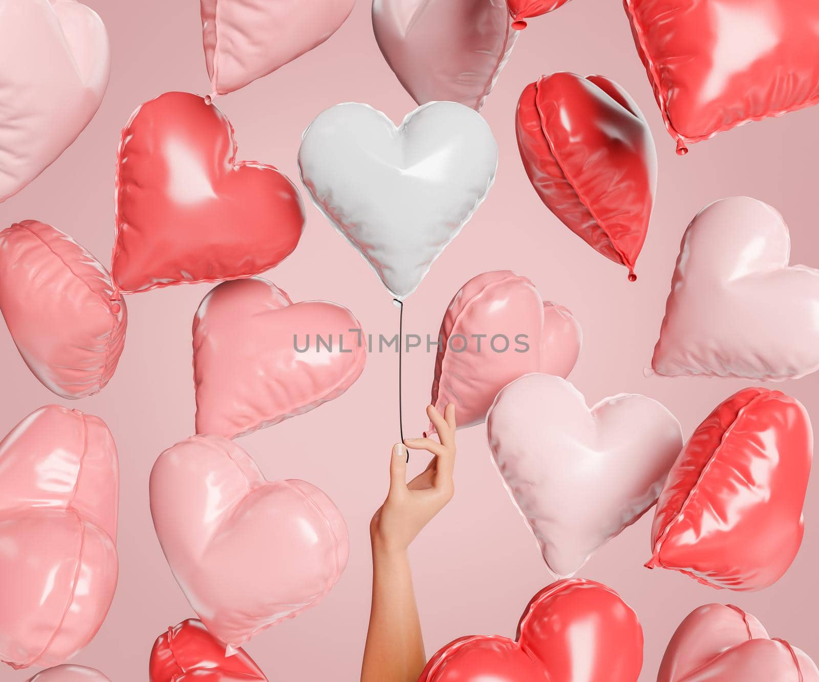 heart shaped balloons floating in the air and a hand holding one. valentine concept, love is in the air, finding love, couples and marriage. 3d rendering