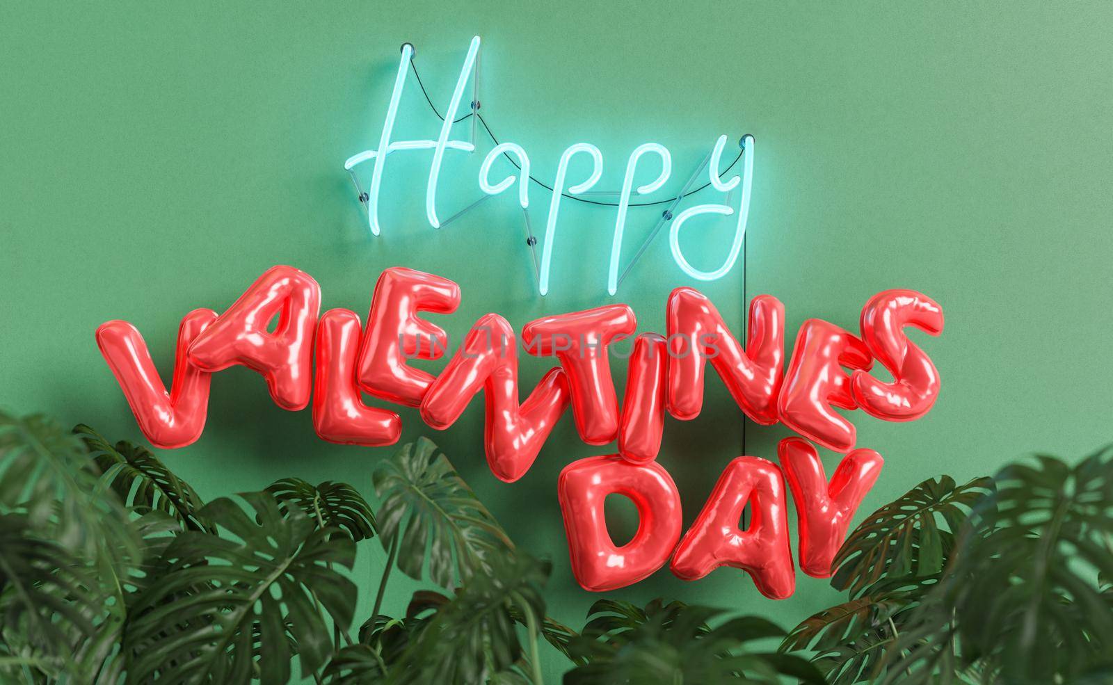 neon sign with the word happy and valentine balloons floating in front with plants. concept of valentine, love, greeting card and decoration. 3d rendering